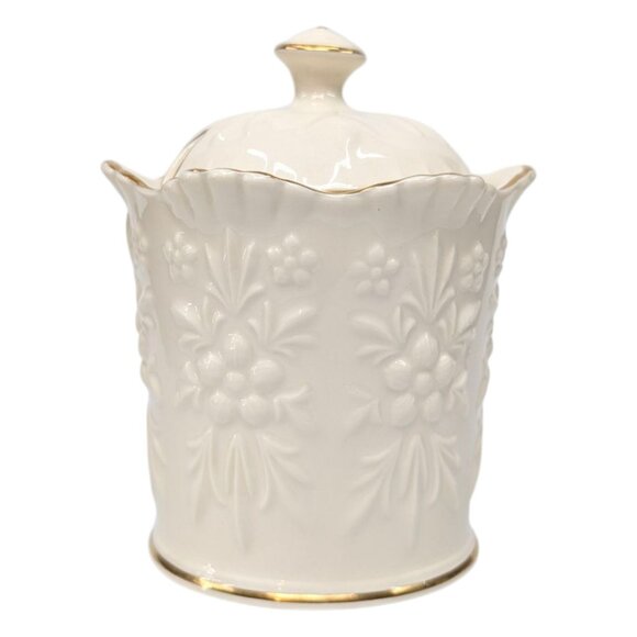 Vtg Aynsley Camellia Lidded Marmalade Jam Jar Cream Gold Trim Embossed 5" - Picture 1 of 10